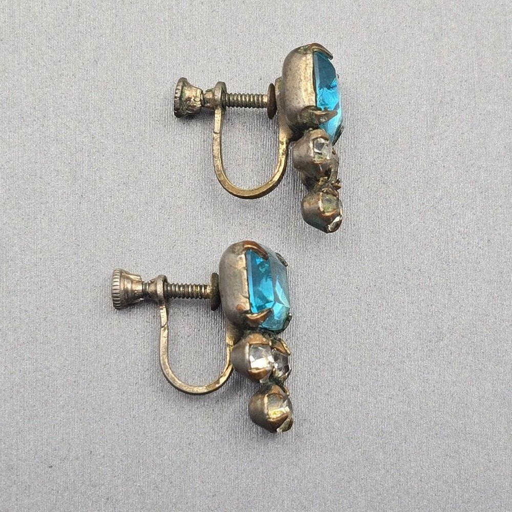 Vintage Aquamarine & Clear Paste Earrings | Screw-Back Glam Statement Jewelry - Picture 5 of 11